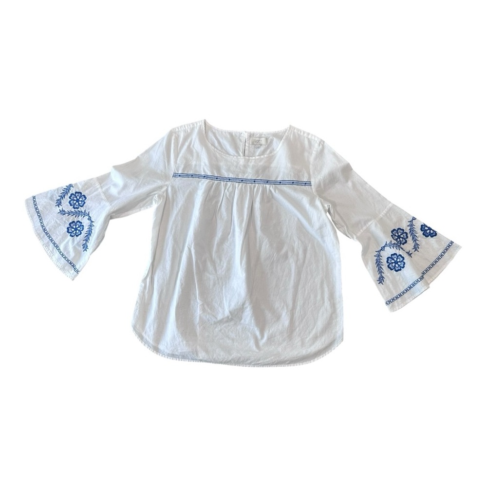Loft Floral Blue and White Women's Top Bell Sleeves Size‎ Medium